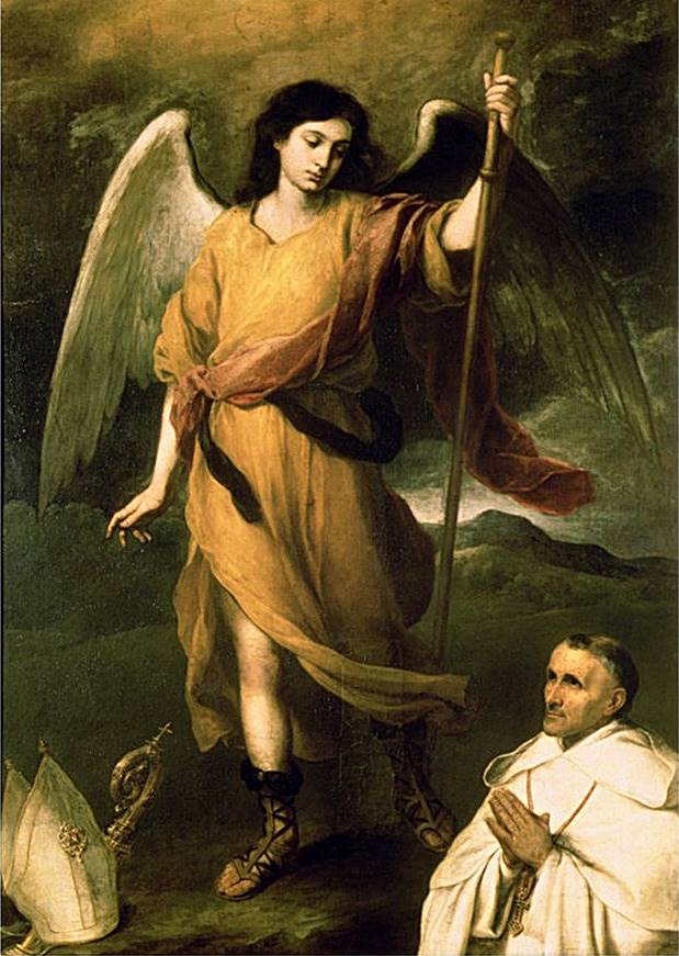 大天使ラファエル：バルトロメ・エステバン・ムリーリョ作の油絵「大天使ラファエルとドモンテ大司教」（17世紀）