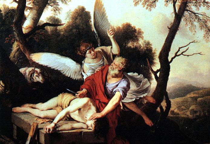 大天使ザドキエル：ローラン・ド・ラ・イール作の油絵「Abraham Sacrificing Isaac（イサクを生贄にするアブラハム）」（1650年）