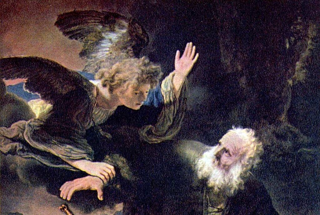 大天使ザドキエル：レンブラント・ファン・レイン作「イサクの犠牲」（1635年）